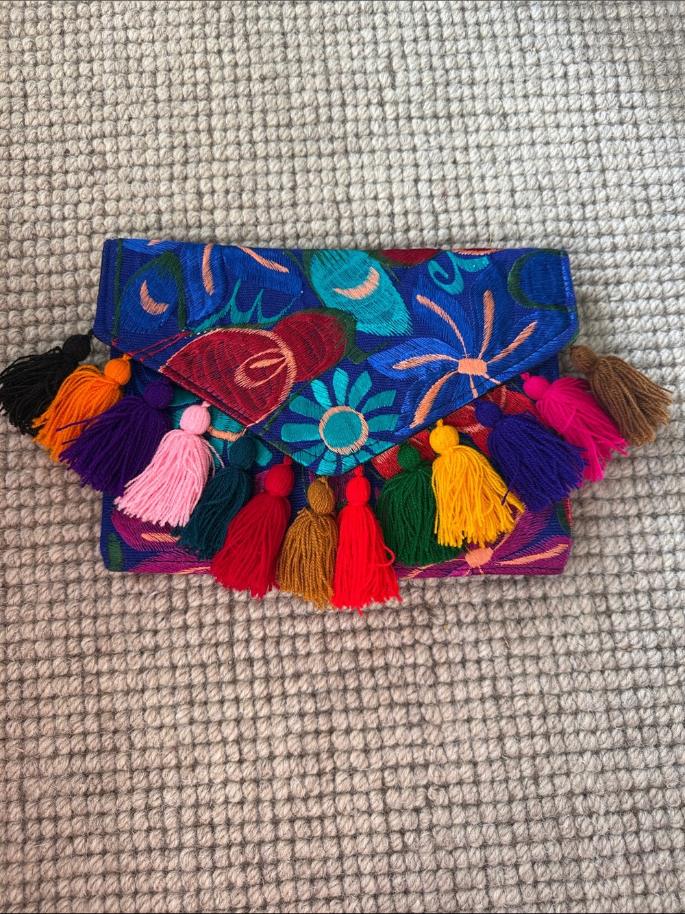 Embroidered Multicolor Tassel Clutch